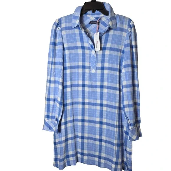 Vineyard Vines Plaid Popover  Dress Womens S Blue Calm Water New [$168 2Q011323 - Picture 3 of 15